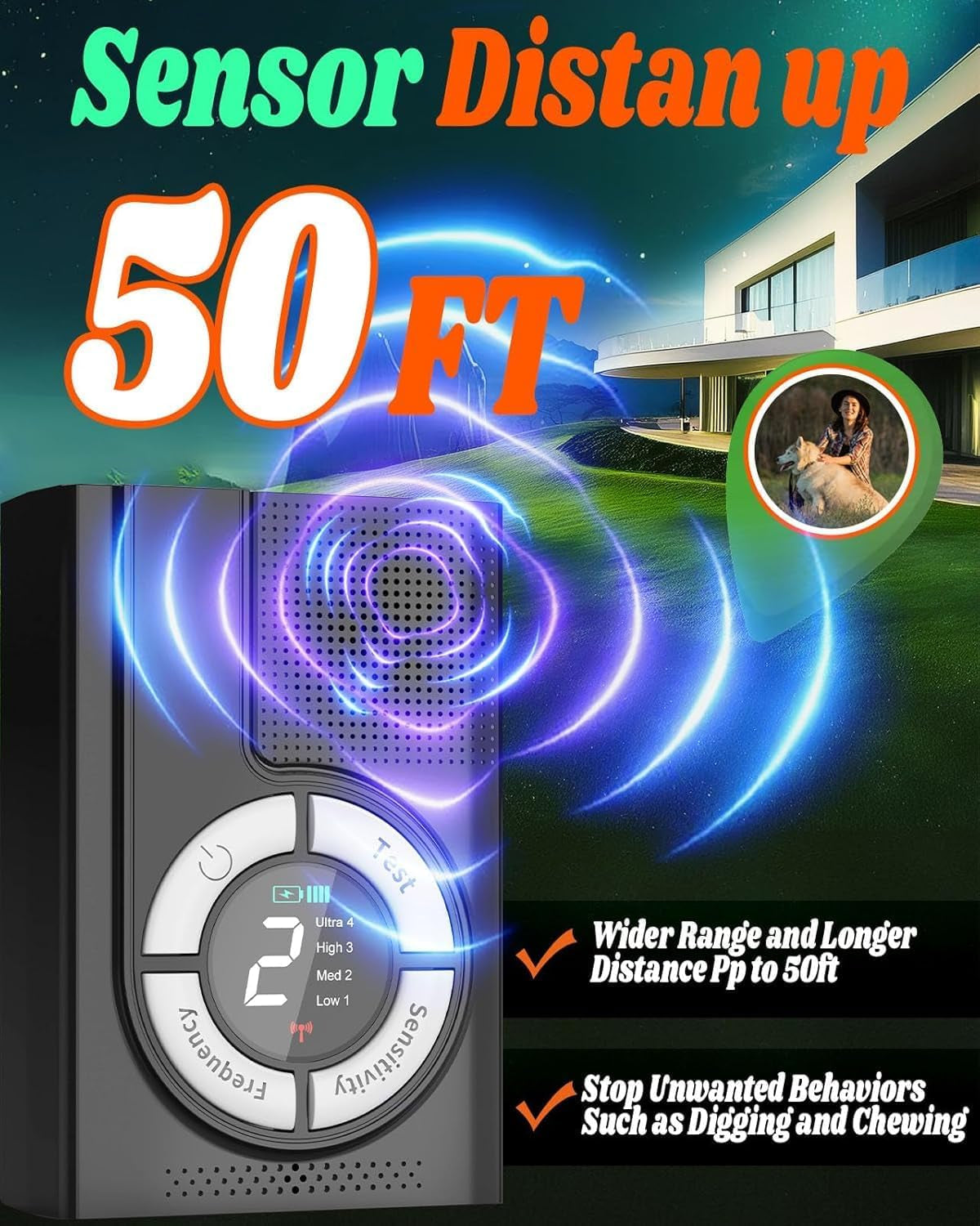 Anti Barking Device, 1500 Mah Rechargeable Ultrasonic Dog Barking Deterrent Devices Safe for Dogs, 2-In-1 Dog Barking Control Devices up to 50 Ft Range Dog Training & Behavior Aids